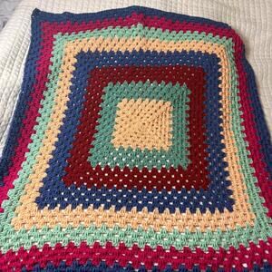 Handmade‎ Crochet Knit Afghan Throw Blanket Multicolor Square 48X48